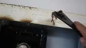 ヘラで油汚れ落とす